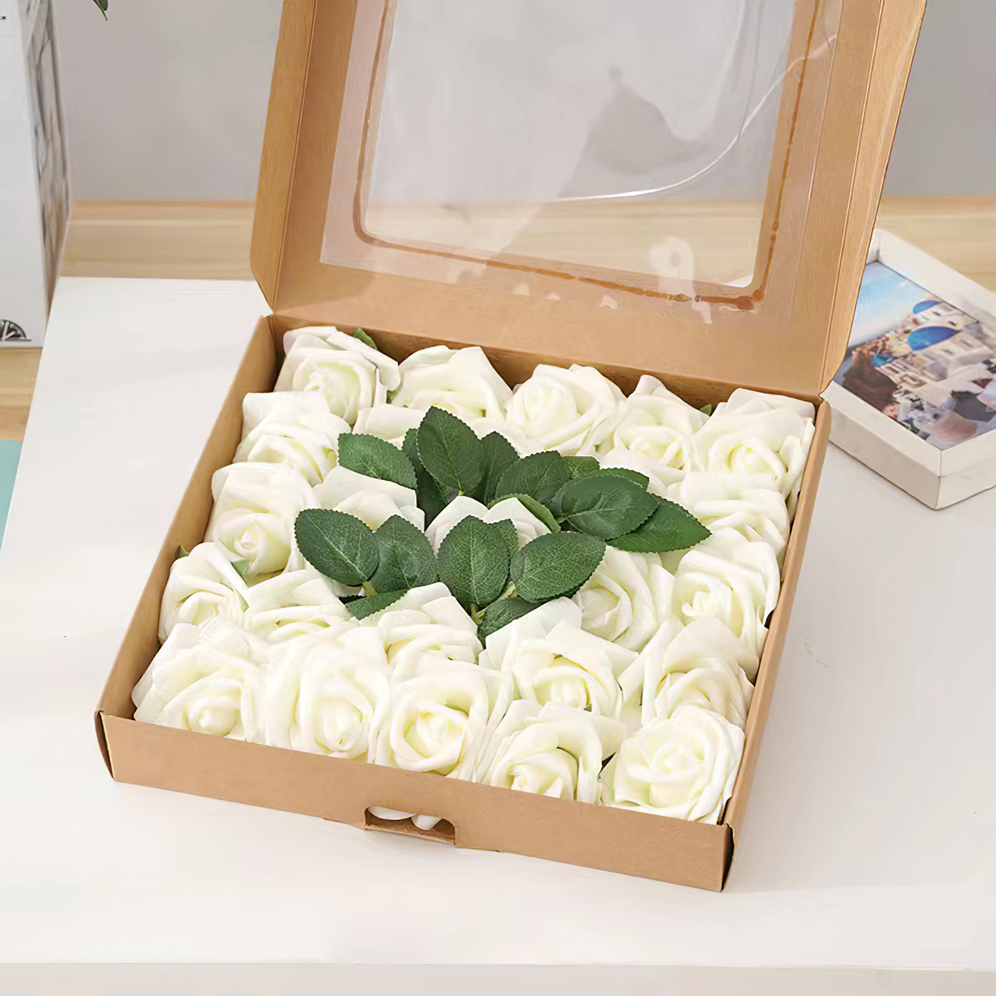 Milky White Roses Flower Box Silk Flower for Wedding Party Decor Proposal