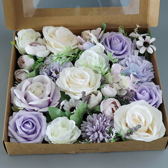 Flower Box Silk Blooming Flowers with Stem Purple