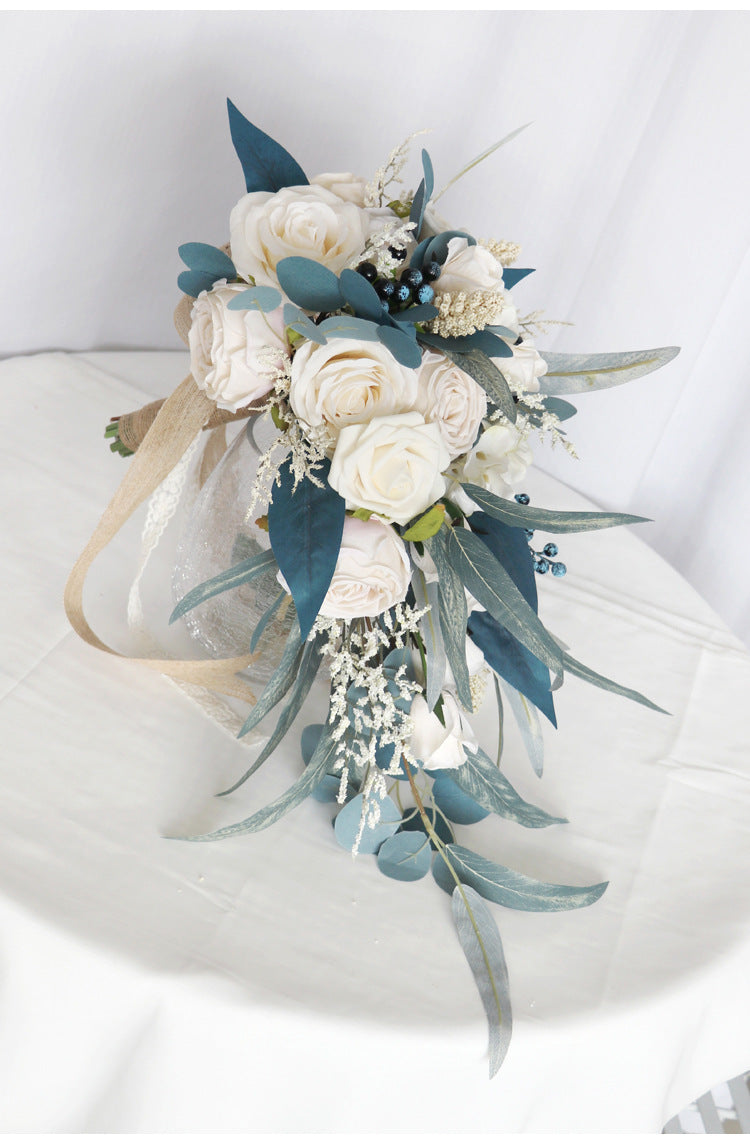 Cascade Bridal Bouquet Blue Champagne Rose for Wedding Party Proposal