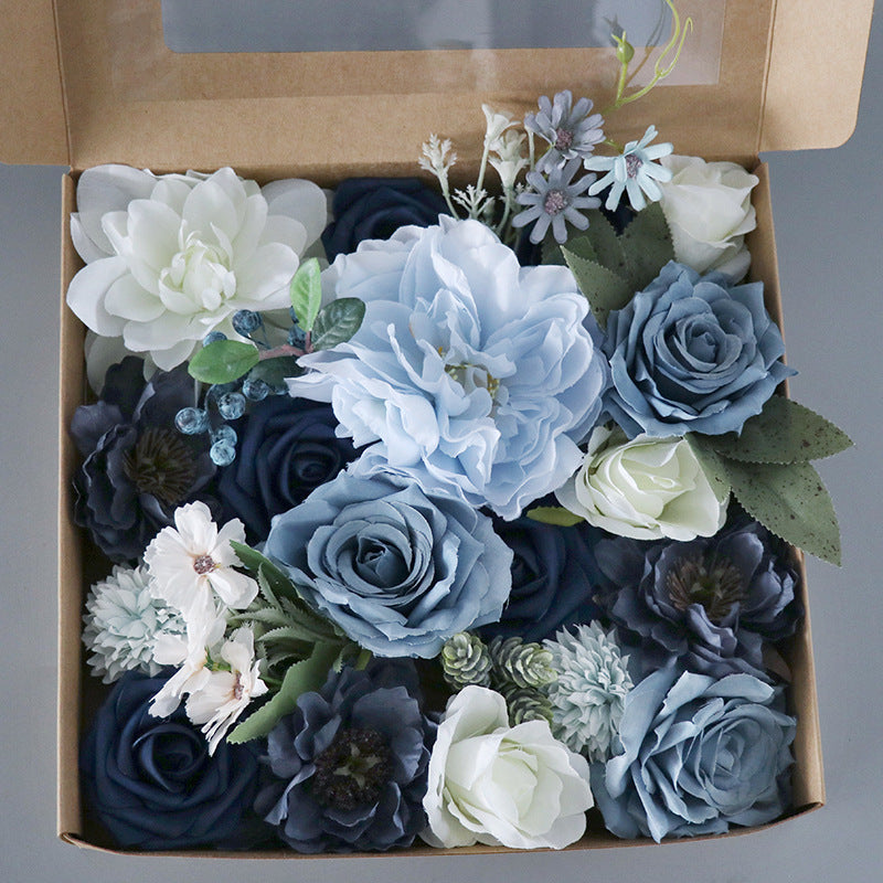 Flower Box Silk Blooming Flowers with Stem Blue