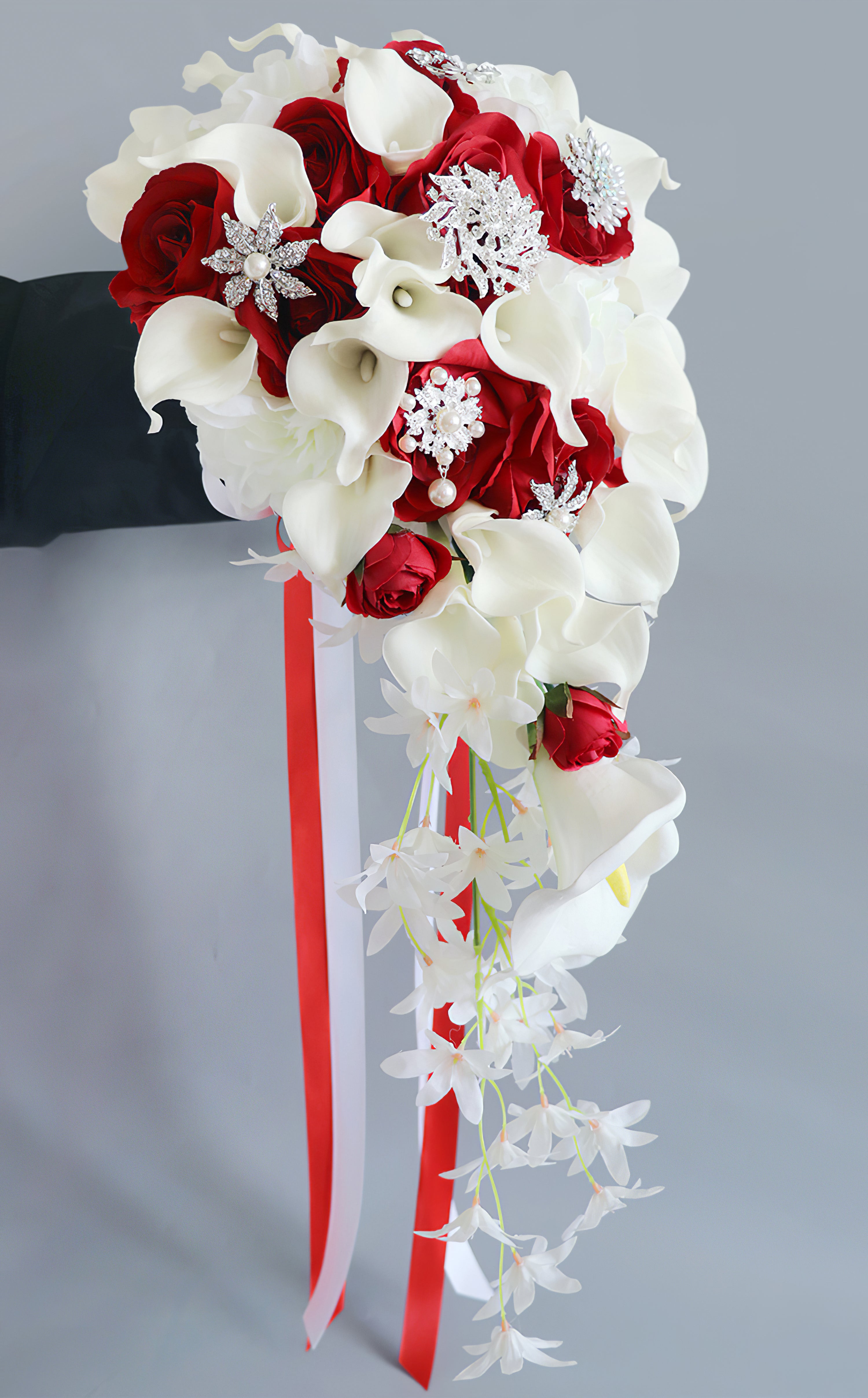 Cascade Bridal Bouquet in Mixed White Dark Red for Wedding Party Proposal