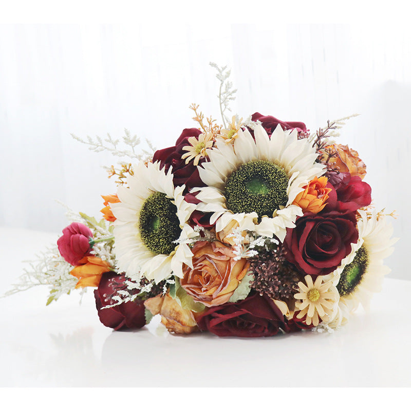 Cascade Bridal Bouquet in Sunflower Red Orange Roses for Wedding Party Proposal