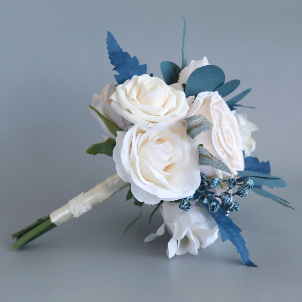 Bridal Bridesmaid Bouquets Peacock Blue Champagne Rose