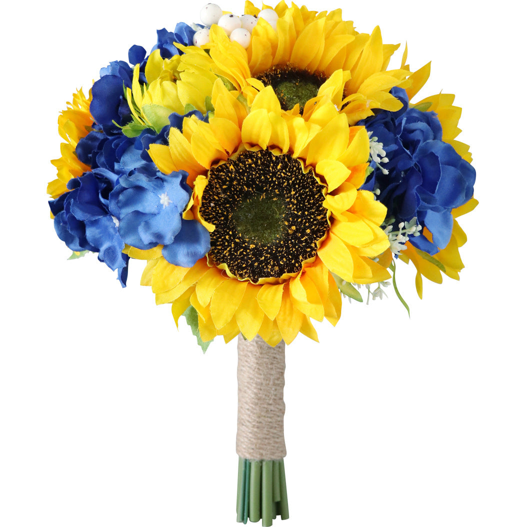 Round Bridal Bouquet in Sunflower Sapphire Blue Hydrangea
