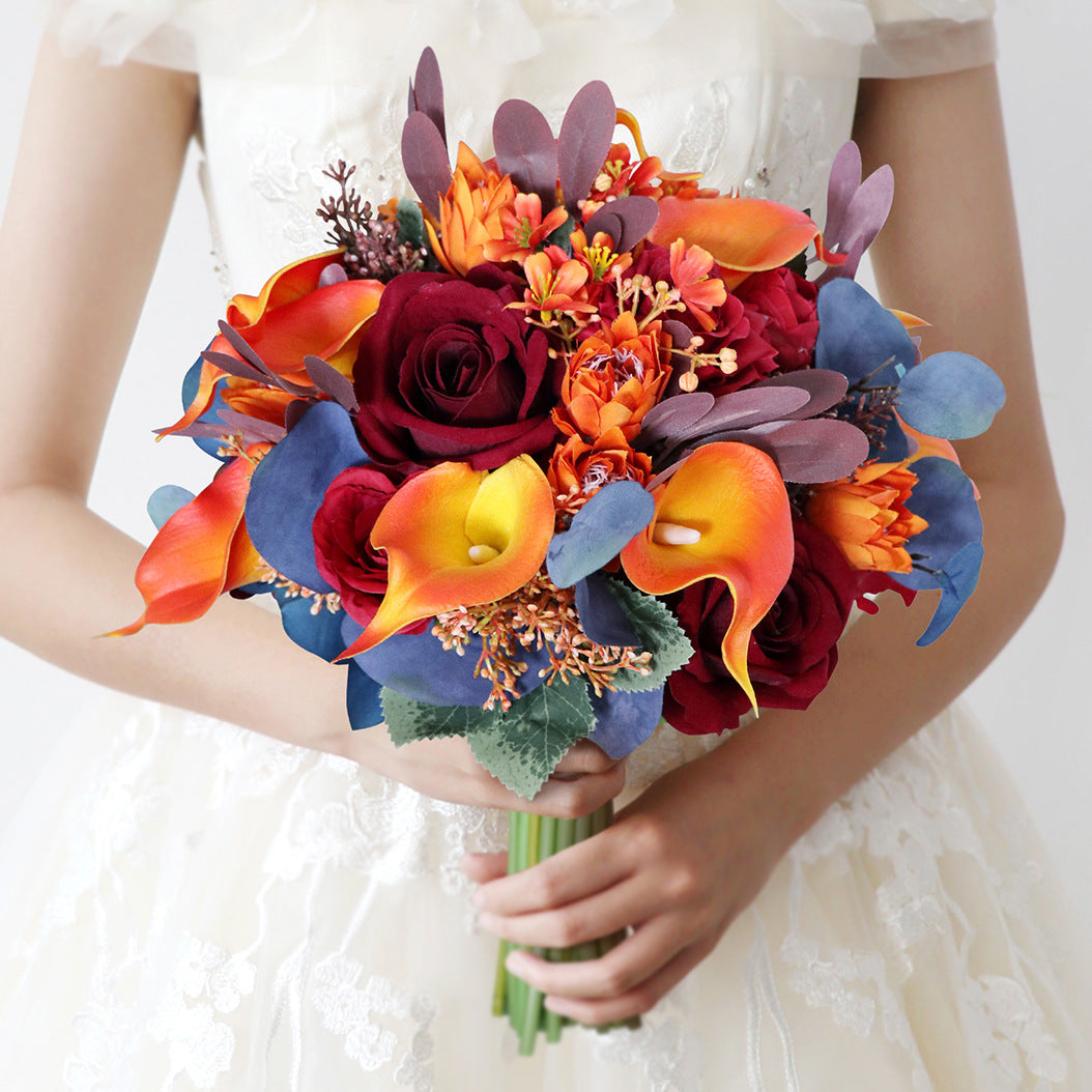 Bridal Bouquet in Claret Rose Orange Calla Lily for Wedding Party Proposal
