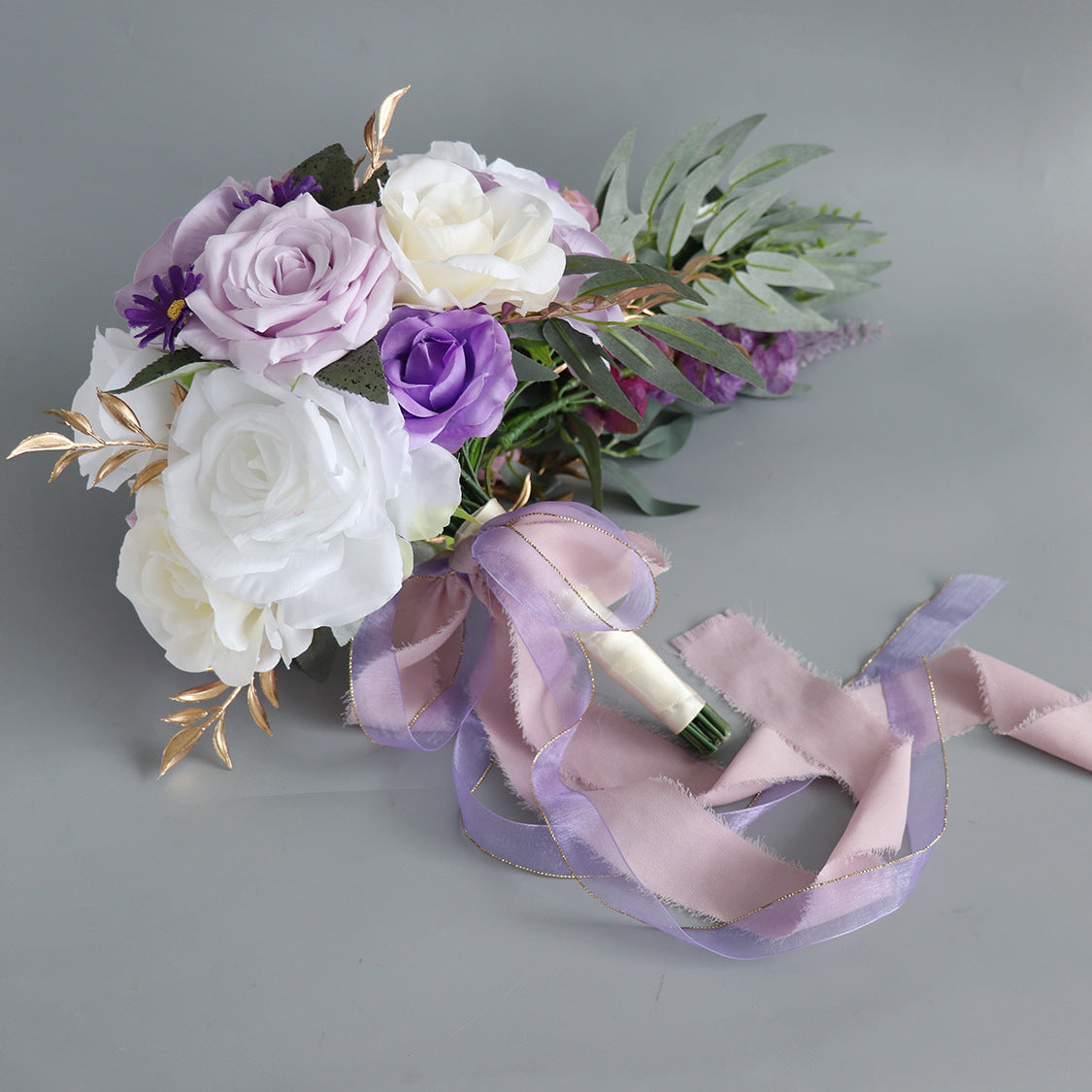 Cascade Bridal Bouquet in White-Purple for Wedding Party Proposal