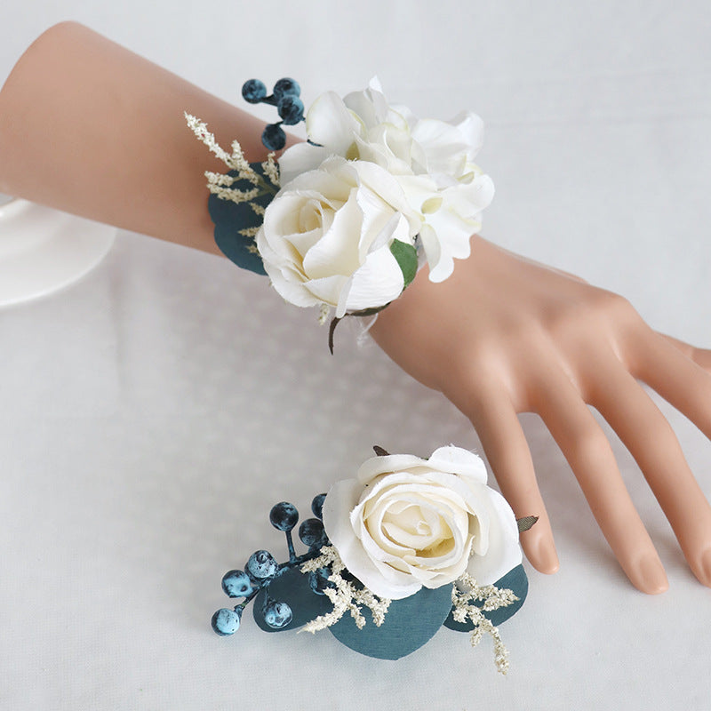 Wrist Flower Blue White Rose for Wedding Party Proposal Decor