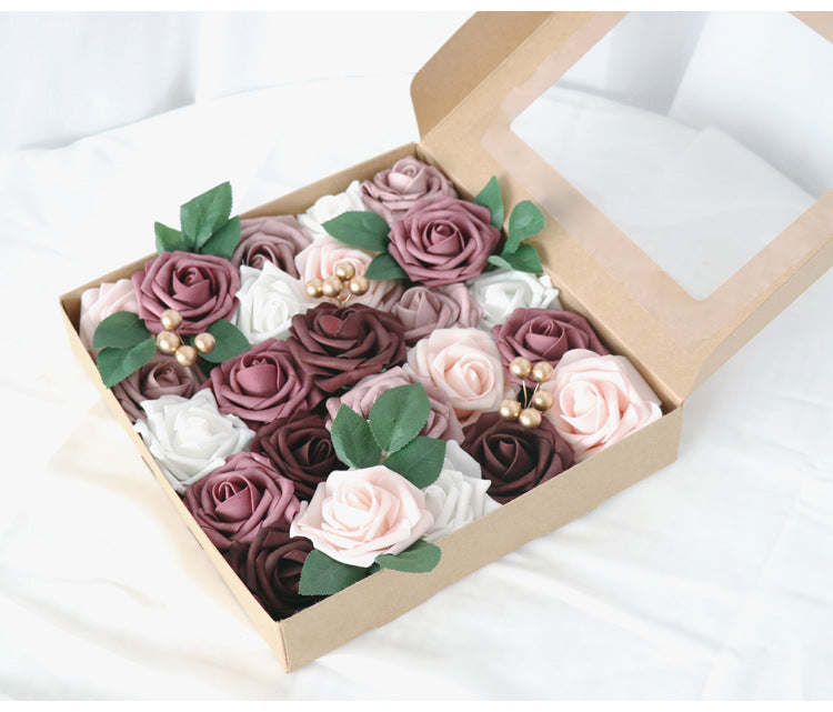 Dark Purple Pink Roses Flower Box Silk Flower for Wedding Party Decor Proposal
