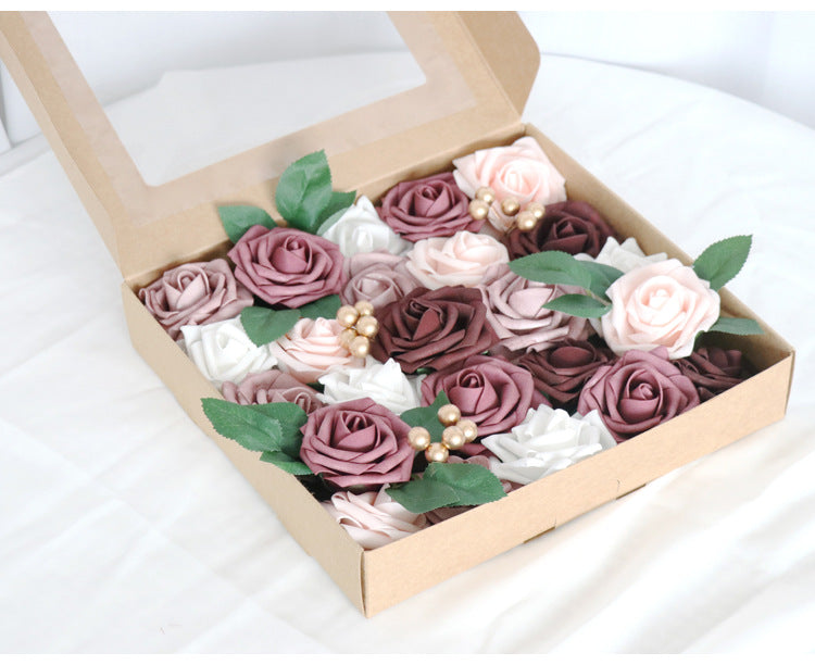 Dark Purple Pink Roses Flower Box Silk Flower for Wedding Party Decor Proposal