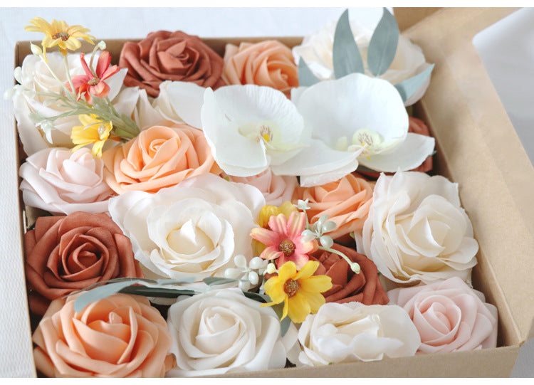 Champagne Orange Rose Phalaenopsis Flower Box Silk Flower for Wedding Party Decor Proposal