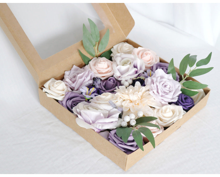 Champagne Purple Roses Flower Box Silk Flower for Wedding Party Decor Proposal