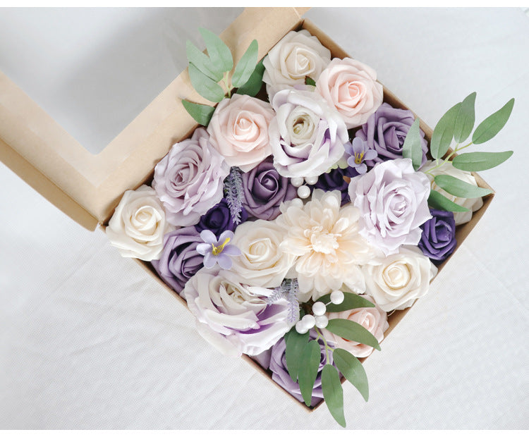 Champagne Purple Roses Flower Box Silk Flower for Wedding Party Decor Proposal