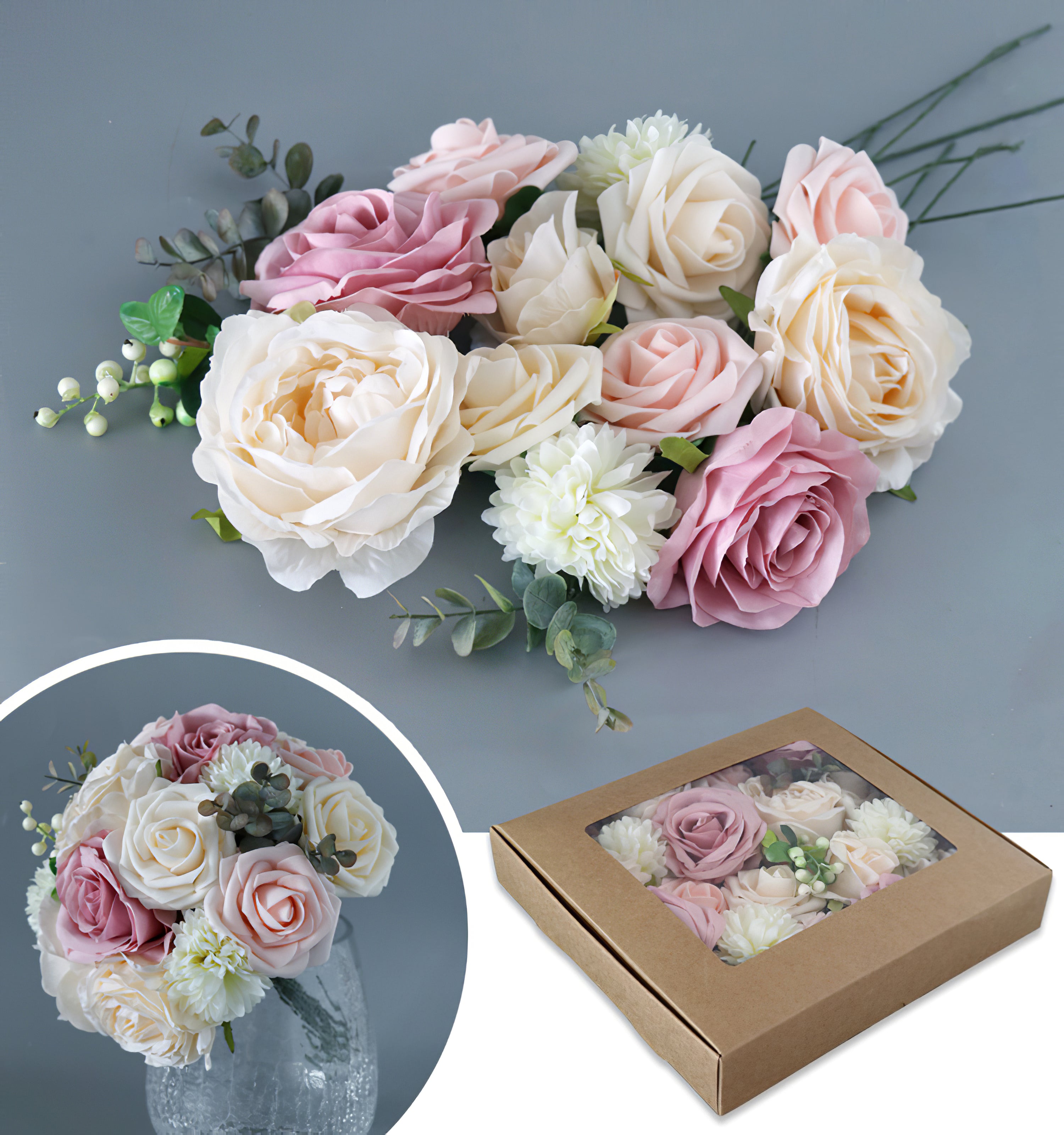 Pink Champagne Roses Flower Box Silk Flower for Wedding Party Decor Proposal
