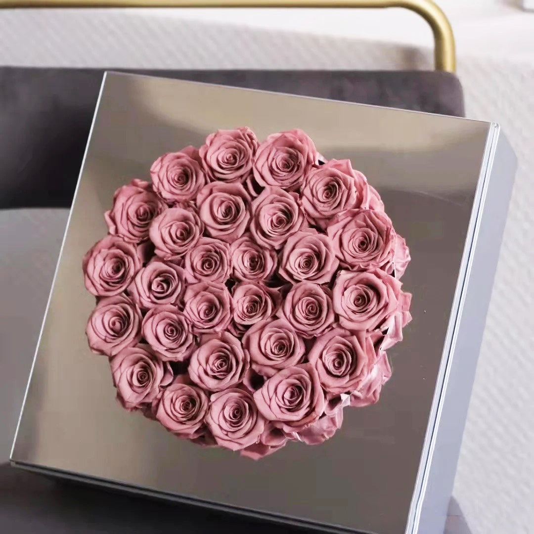 Wedding Gift Round Silver Gold Preserved Flowers In Acrylic Mirror Box