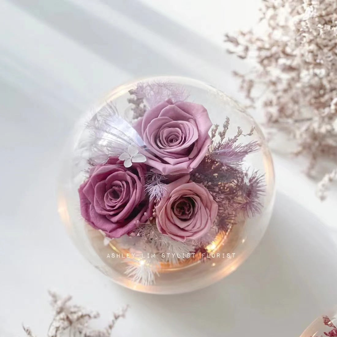 Preserved Flower Pink Red Dome Glass for Wedding Party Decor Proposal
