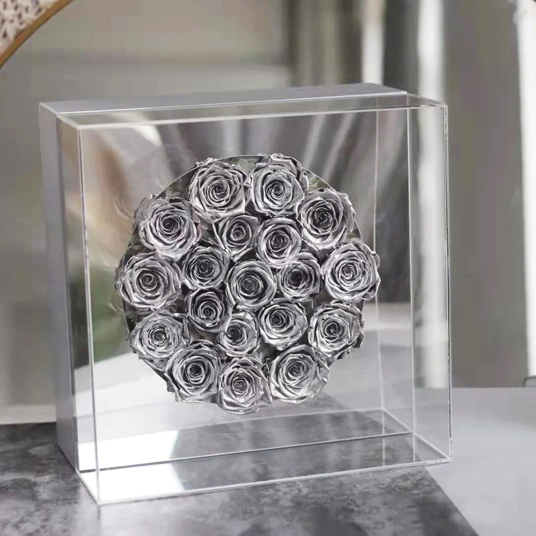 Wedding Gift Round Silver Gold Preserved Flowers In Acrylic Mirror Box