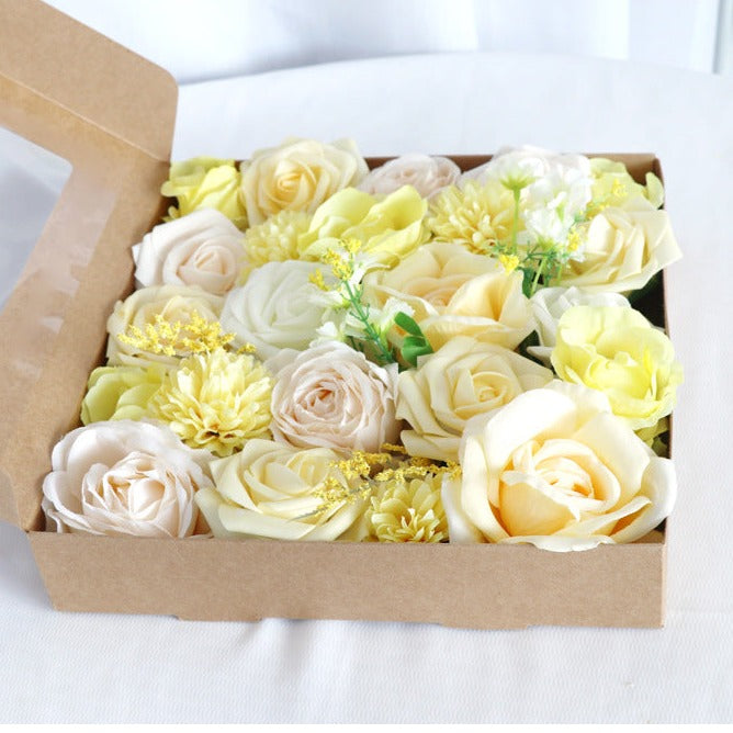 Light Yellow Roses Flower Box Silk Flower for Wedding Party Decor Proposal