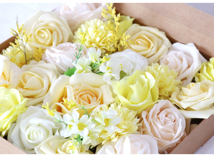 Light Yellow Roses Flower Box Silk Flower for Wedding Party Decor Proposal