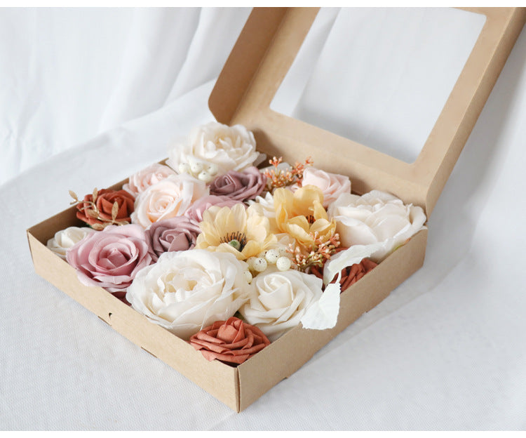 White Orange Roses Flower Box Silk Flower for Wedding Party Decor Proposal