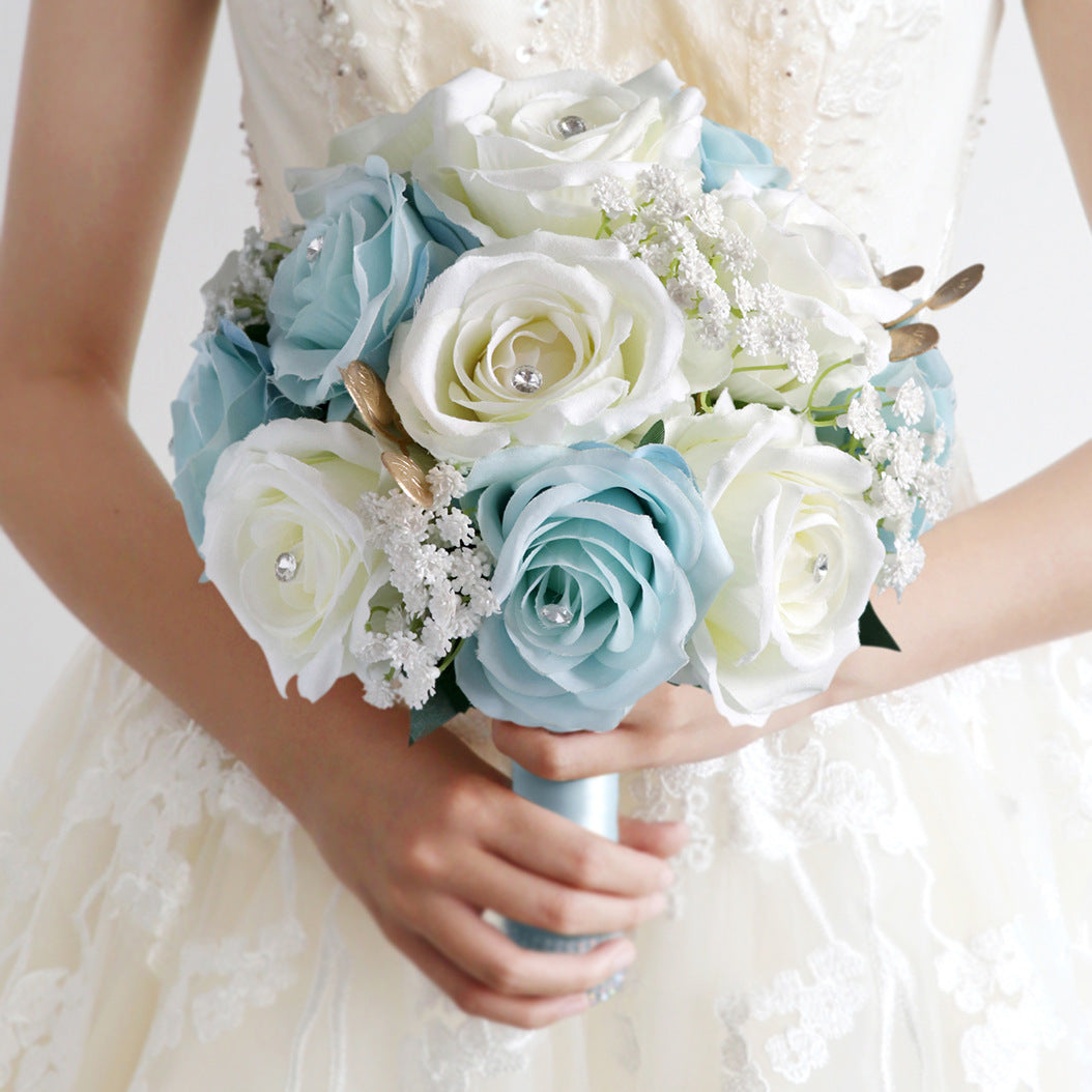 Round Bridal Bouquet in Mixed White - Blue