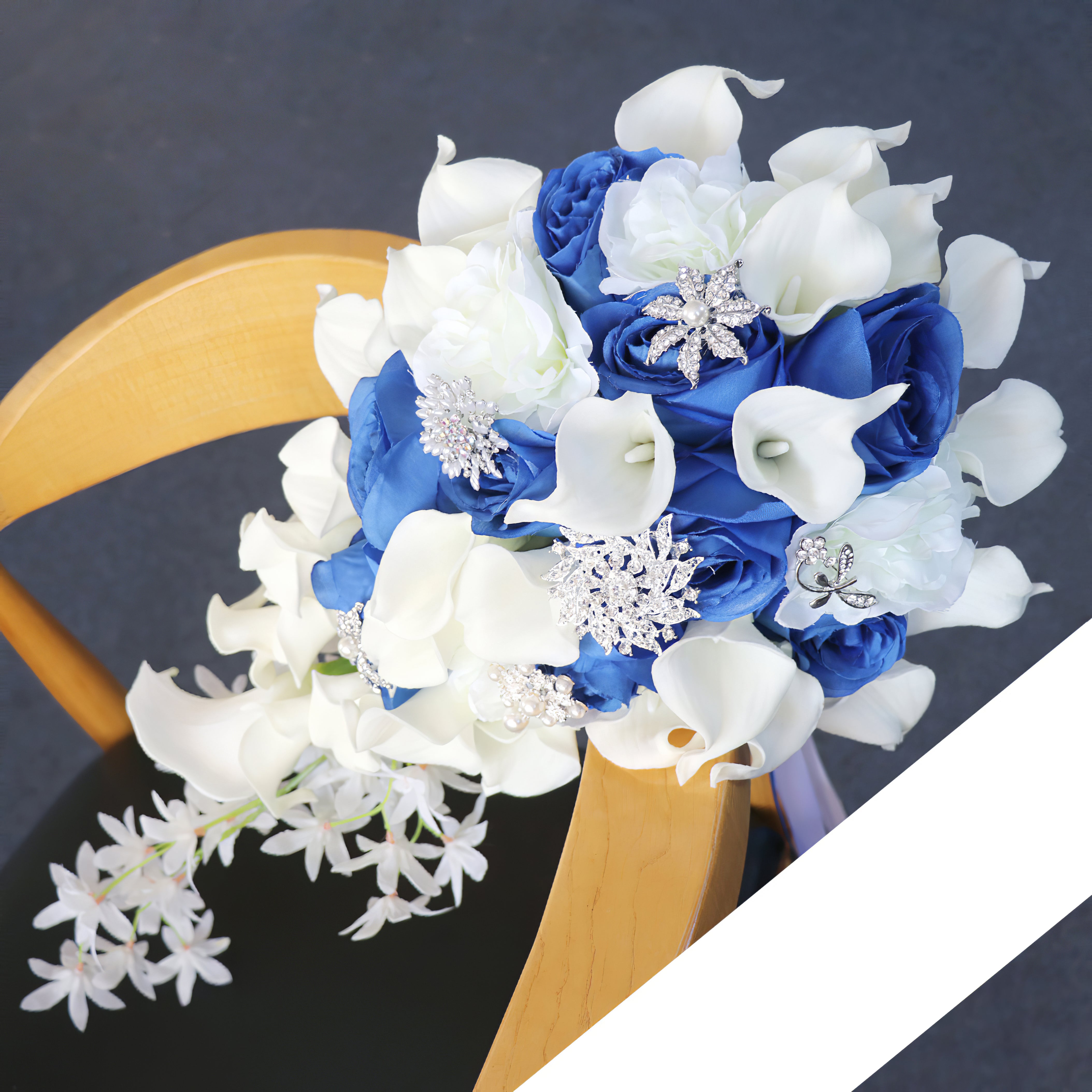 Cascade Bridal Bouquet in Mixed White - Sapphire Blue