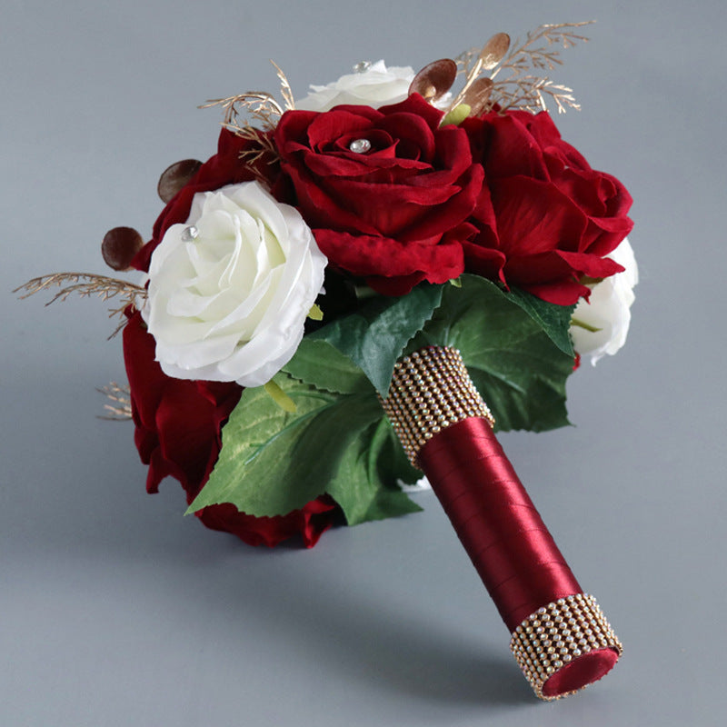 Free  Form Bridal Bouquet in Mixed White-Claret Red Roses
