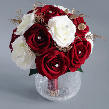Free  Form Bridal Bouquet in Mixed White-Claret Red Roses - KetieStory