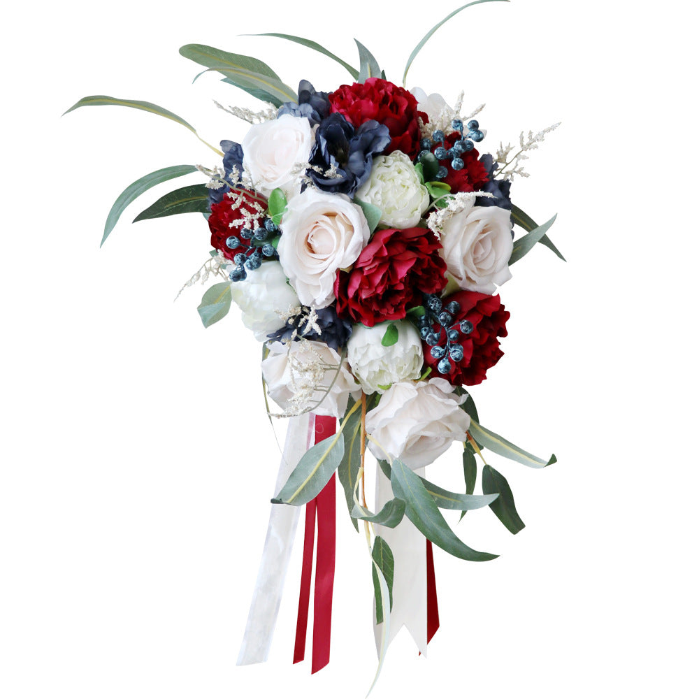Cascade Bridal Bouquet in Mixed White -Claret