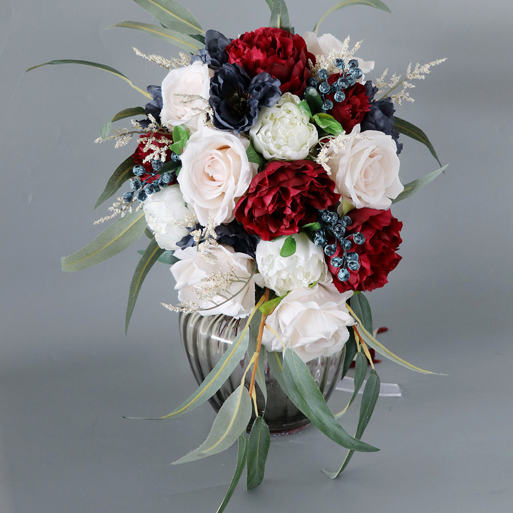 Cascade Bridal Bouquet in Mixed White -Claret