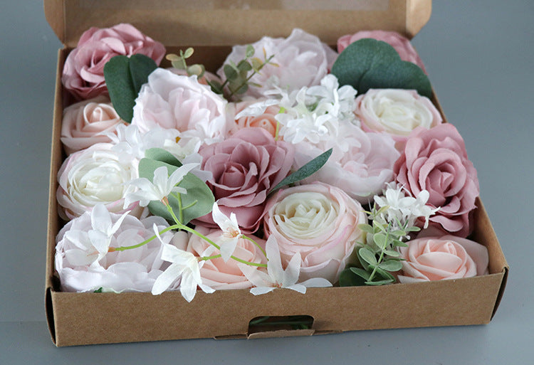 Pink White Roses Flower Box Silk Flower for Wedding Party Decor Proposal