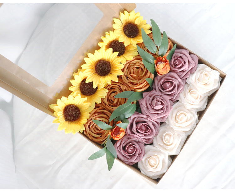 Sunflower Roses Flower Box Silk Flower for Wedding Party Decor Proposal