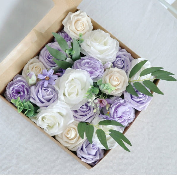 White Purple Roses Flower Box Silk Flower for Wedding Party Decor Proposal