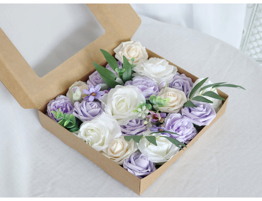 White Purple Roses Flower Box Silk Flower for Wedding Party Decor Proposal - KetieStory