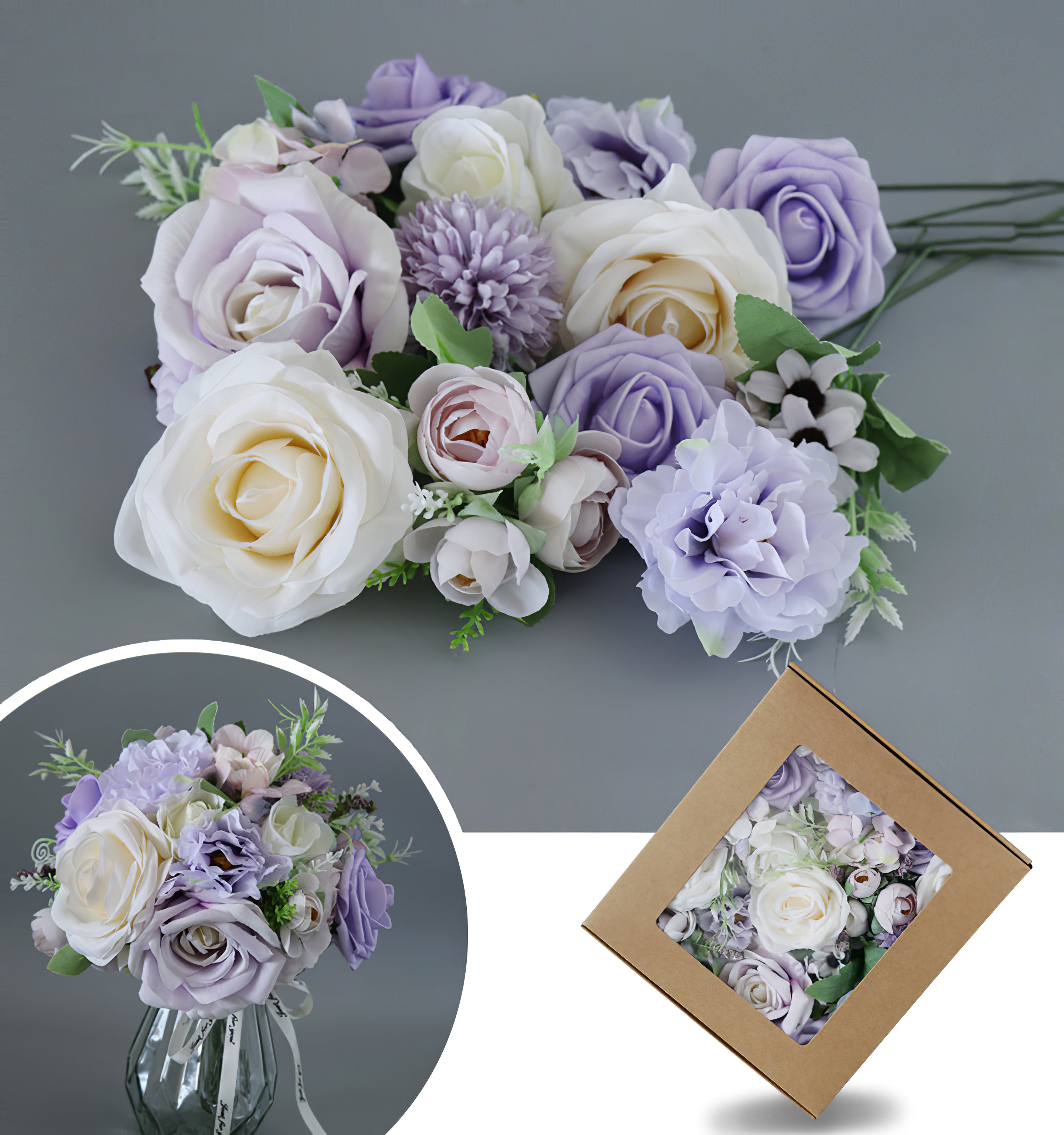 White Purple Roses Flower Box Silk Flower for Wedding Party Decor Proposal