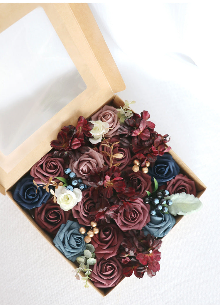 Dark Red Blue Roses Flower Box Silk Flower for Wedding Party Decor Proposal - KetieStory